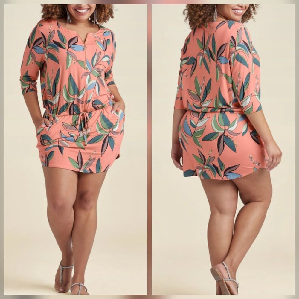 Lascana Venus Zip Detail Printed Dress Orange Multi Jersey Knit Drawstring Sz L